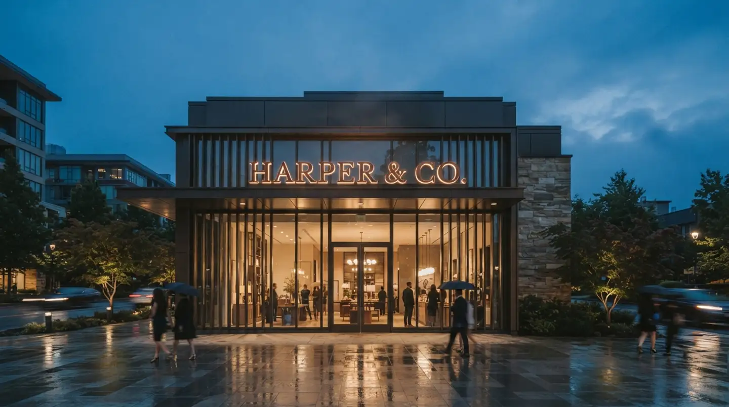 Fachada comercial de noche con letras corpóreas iluminadas, referencia de obra instalada